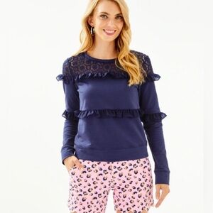 LILLY PULITZER Sonja Ruffled Lace Pullover Top Navy Size Large!